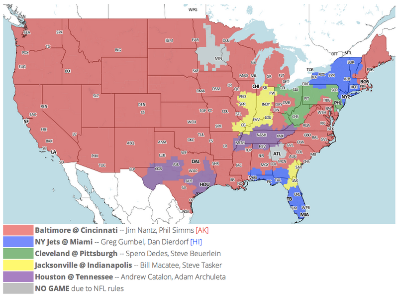Illustration for article titled Which TV Market's Getting Screwed Today? Your Week 17 NFL Viewing Maps